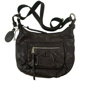 Fossil Long Live Vintage Dark Brown Leather Crossbody Hobo Bag Key Charm Rustic